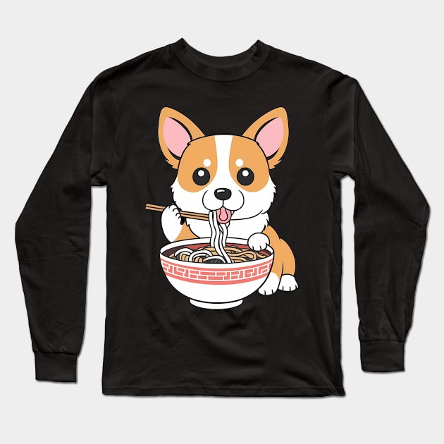 Cute Anime Corgi Dog Eating Ramen Noodles Long Sleeve T-Shirt by Abdulkakl